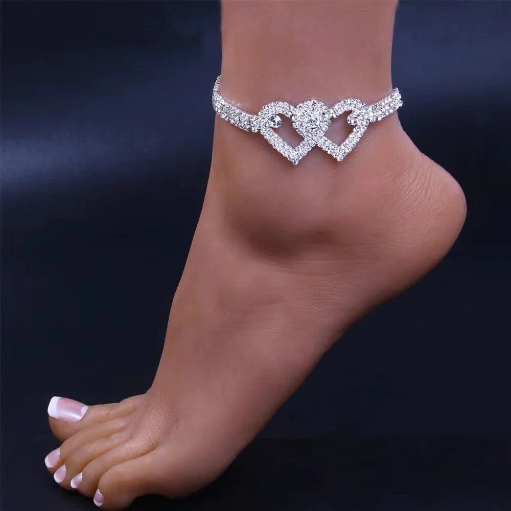 Double Heart Anklet Bracelet Love Barefoot Chain Bling Crystal Ankle Bracelet US