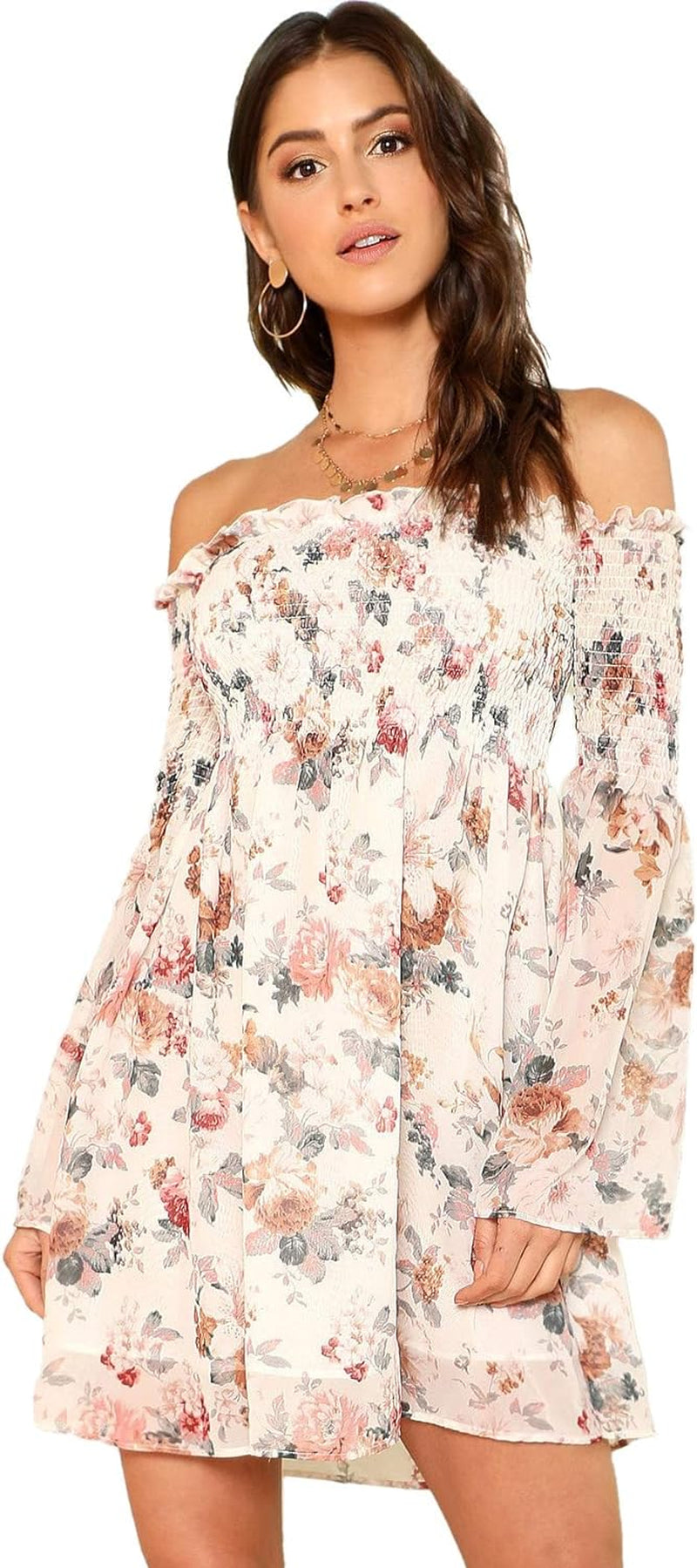 Women'S Casual Floral Print off Shoulder Trumpet Sleeve Swing Dress