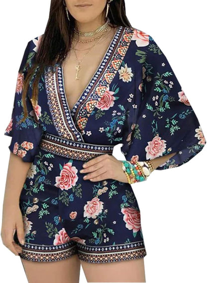 Women'S Sexy Short Rompers V Neck Backless Jumpsuit Floral Print Loose Half Sleeve Bodysuit One Piece Outfit