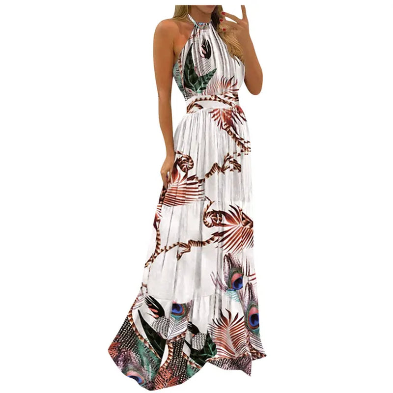 Women Tropical Boho Fashion Print Halter Backless Maxi Dress Sexy Sleeveless Summer Beach Holiday Loose Pleated Dress Robe