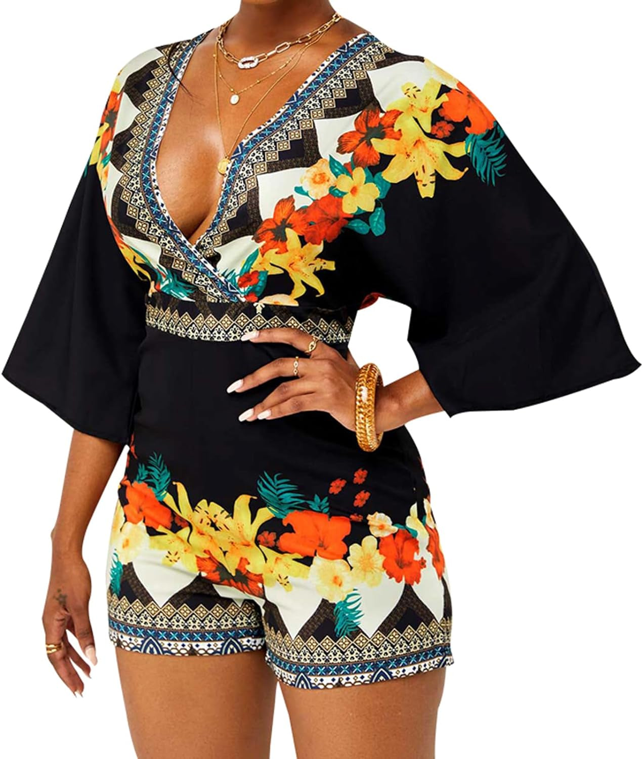 Women'S Sexy Short Rompers V Neck Backless Jumpsuit Floral Print Loose Half Sleeve Bodysuit One Piece Outfit